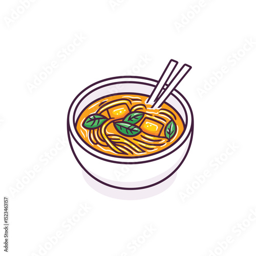 Bowl of noodle soup with tofu and basil