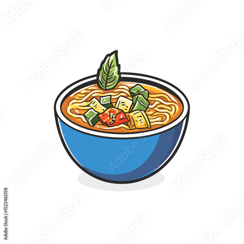 Bowl of noodle soup with tofu and basil