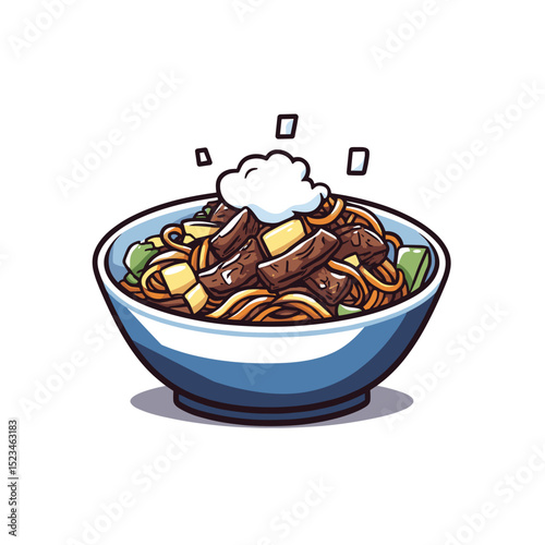 Bowl of noodles meat and vegetables food