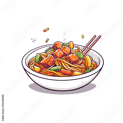 Bowl of noodles asian food with chop sticks