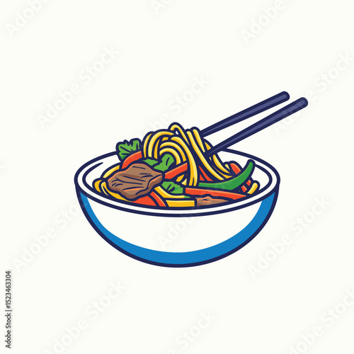Bowl of noodles with meat and chopsticks