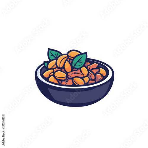 Bowl of peanuts garnished with fresh mint leaves