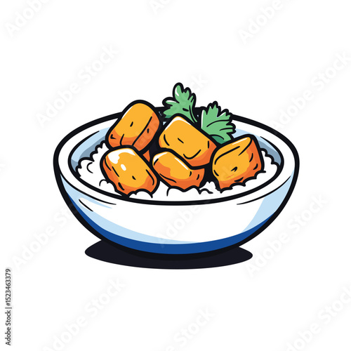 Bowl of rice with topping and herbs