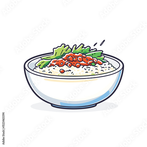 Bowl of rice with topping and greens