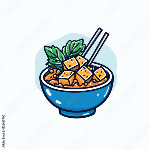 Bowl of tofu Asian food with chopsticks