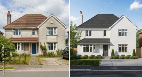 Before and after comparison of a residential house exterior renovation showing clean modern design