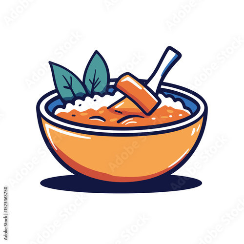 Bowl with food, basil and spoon