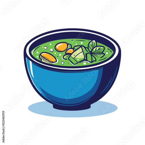 Bowl with soup, vegetables and herbs