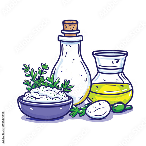 Bowl, olive oil, and ingredient food preparation cartoon