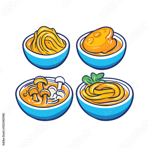 Bowls of noodle and soup with garnish