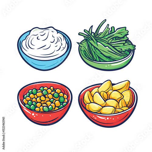 Bowls of mashed potatoes and assorted vegetables