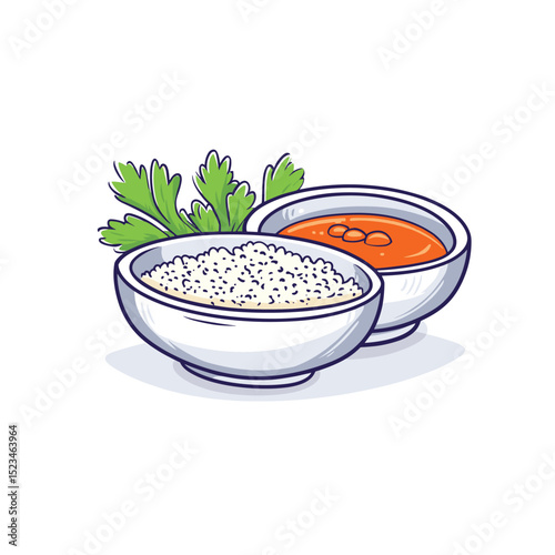 Bowls of rice and soup meal preparation