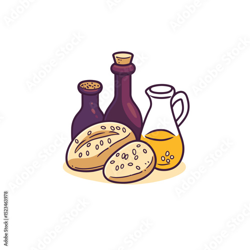 Bread with olive oil and vinegar bottles