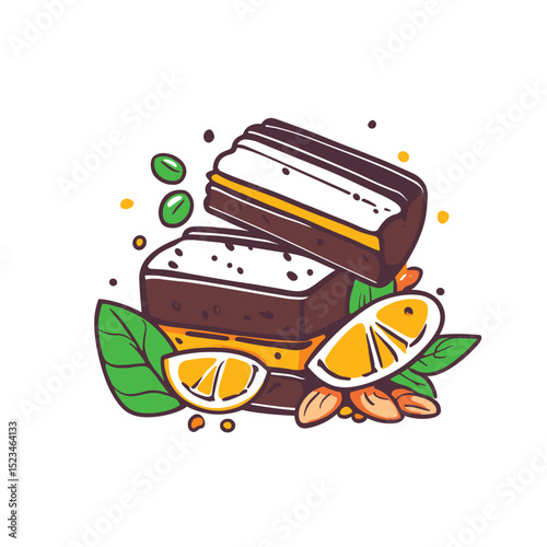 Brownies with lemons and basil leaves food concept