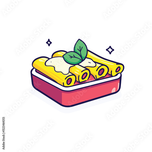 Cannelloni pasta meal with basil in tray