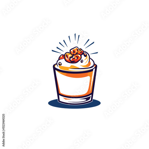 Caramel dessert in glass with walnut topping