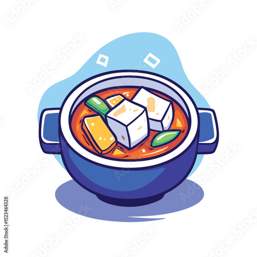 Cartoon bowl of soup with tofu and vegetables