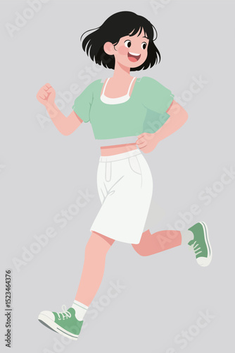 Running Girl in Green Top and White Shorts