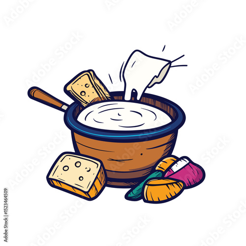 Cheese fondue with bread and vegetables snack