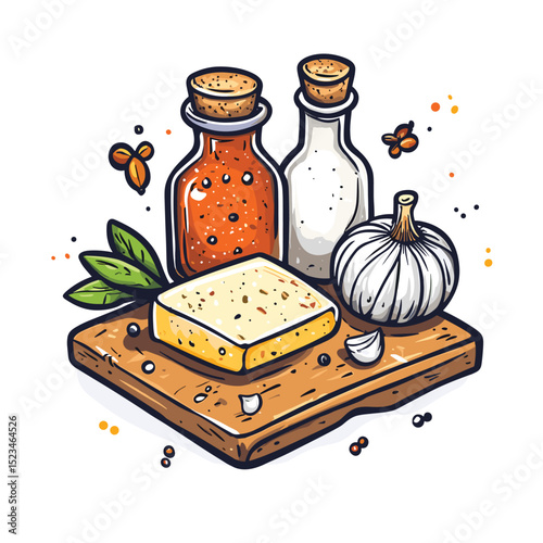 Cheese, garlic, oil, and basil on a board