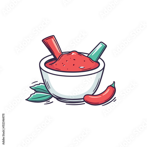 Chili sauce bowl with sticks and leaf