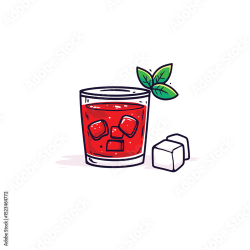 Cocktail drink with ice and leaf garnish