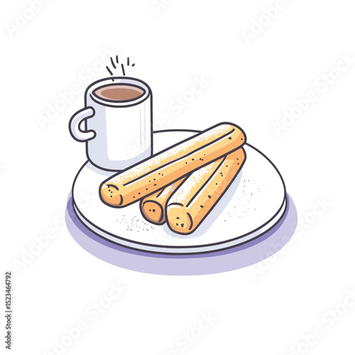 Coffee and churros on white round plate