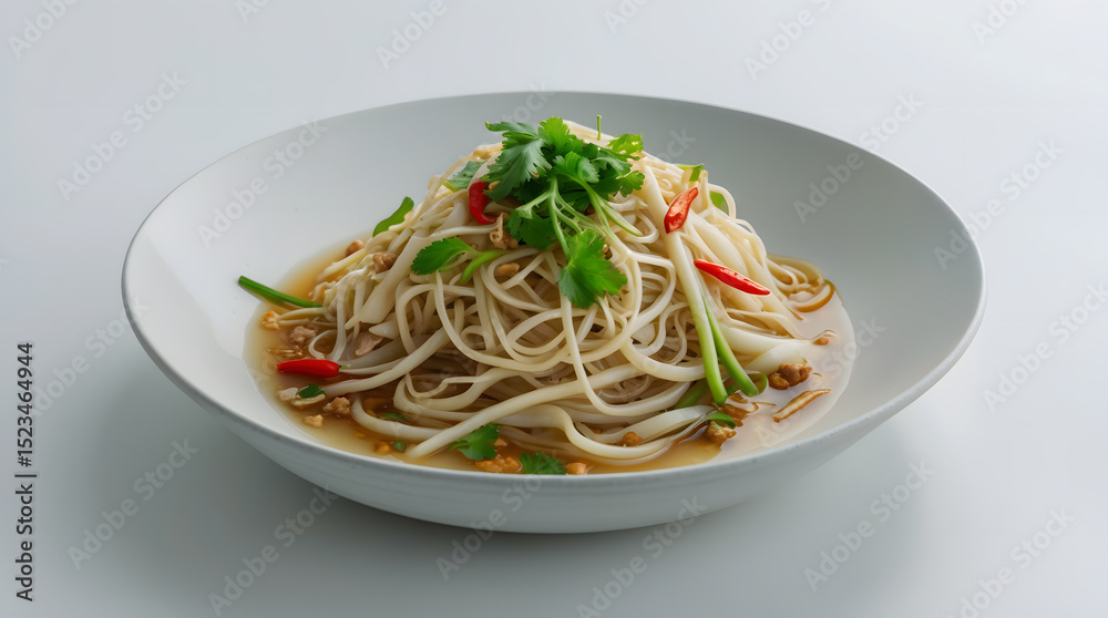 A delicious plate of Asian noodles topped with fresh cilantro and chili peppers. The noodles are in a light broth, garnished with herbs. Appetising and healthy. A delicious plate of Asian noodles topped with fresh cilantro and chili peppers. The noodles are in a light broth, garnished with herbs. Appetising and healthy.
