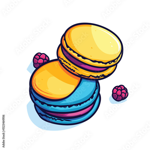 Colorful macarons desserts sweets snack and raspberries