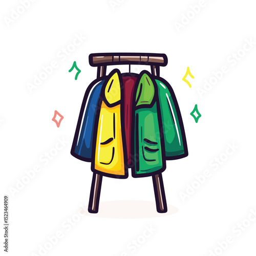 Colorful raincoats on rack for wet weather