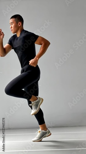 Young Athlete in Black Sportswear Running Against a Neutral Background for Fitness and Motivation Themes