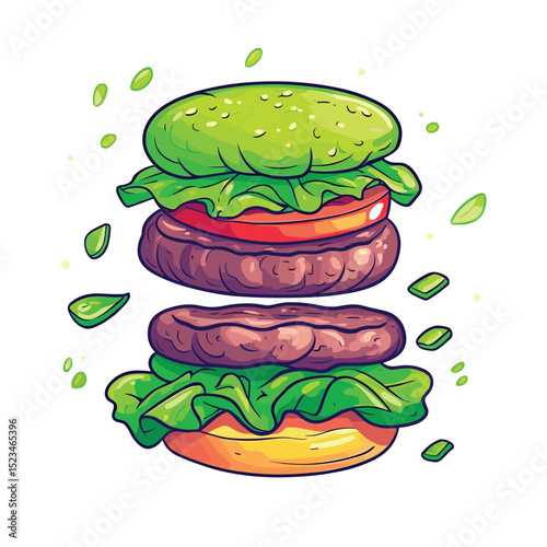 Deconstructed green bun burger meal with fresh ingredients