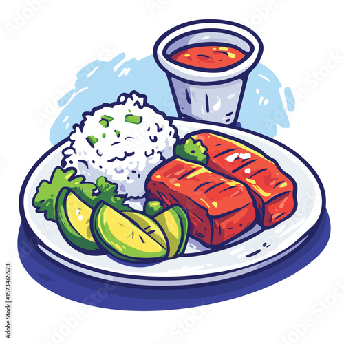 Delicious meal plate with rice and meat