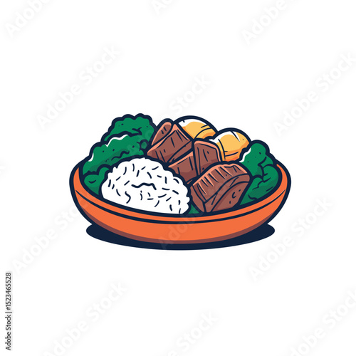Delicious meal with rice, meat, and broccoli