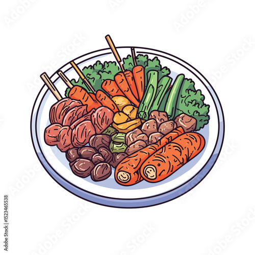 Delicious meal skewers with salad and vegetables