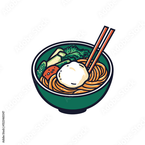 Delicious noodle bowl with toppings and chopsticks