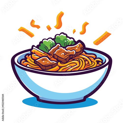 Delicious noodle bowl with meat and vegetable garnish