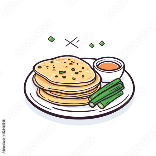 Delicious pancakes with sauce and chives on plate