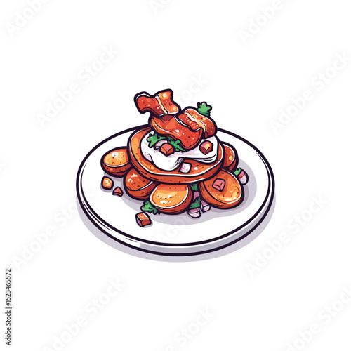 Delicious pancake stack with bacon and fresh ingredients
