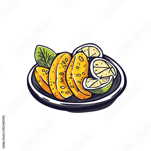 Delicious plantain dish with lime slices and leaves