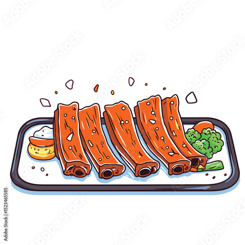Delicious rib platter with sauce and vegetable