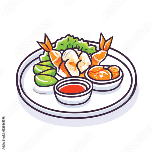 Delicious shrimp plate with sauces and vegetables