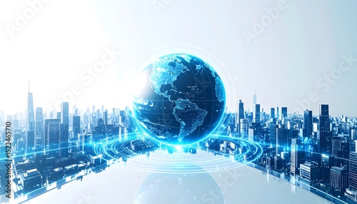 A glowing digital Earth globe hovers above a futuristic city, connected by glowing blue rings and network lines, on a bright background.