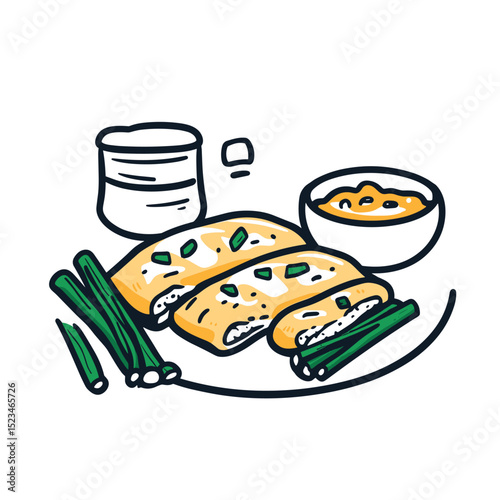 Delicious stuffed crepes with dipping sauce and asparagus