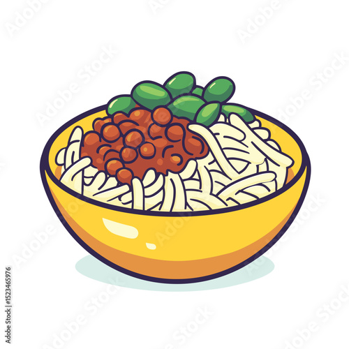 Dish of noodles with meat sauce and peas