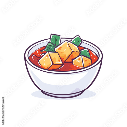Dish with tofu and tomato sauce cartoon