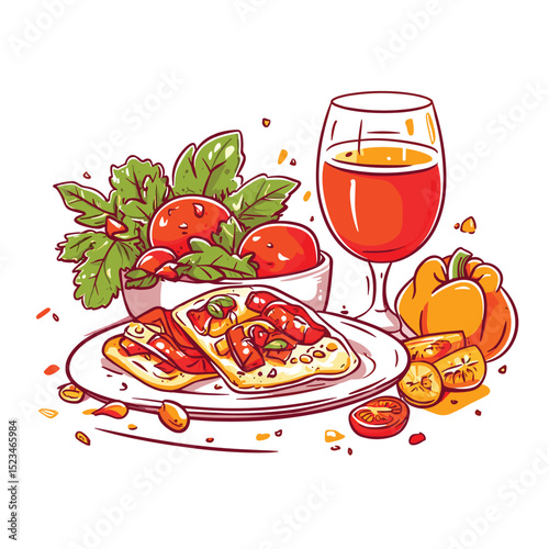 Dish with bruschetta tomatoes basil drink and pepper