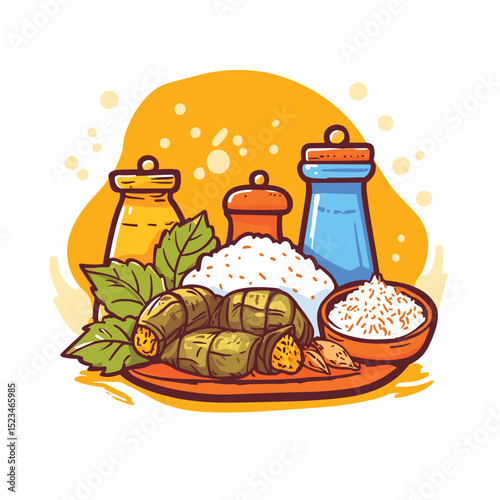 Dolma dish with rice and seasoning jars