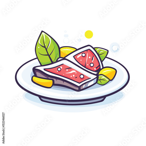 Dish with tuna steak, lemon, and basil