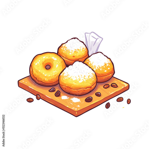 Donut pastries on wooden board with coffee beans